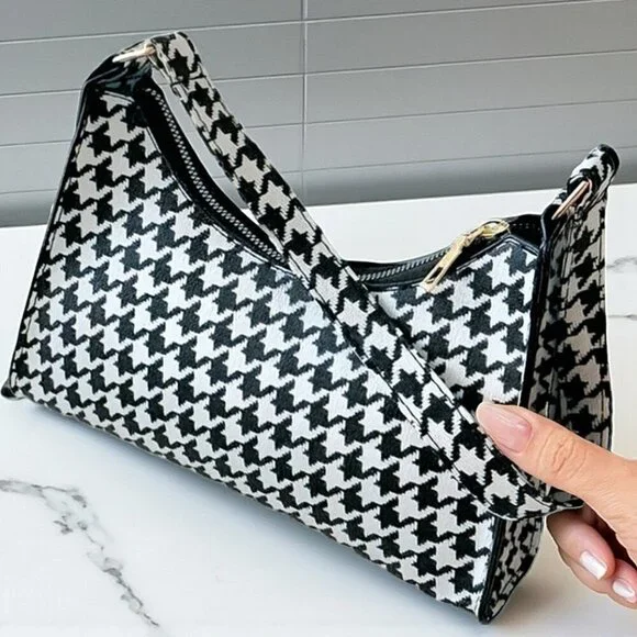 Houndstooth Baguette Shoulder Bag Black White PU Leather Y2K Streetwear Purse - Picture 9 of 14